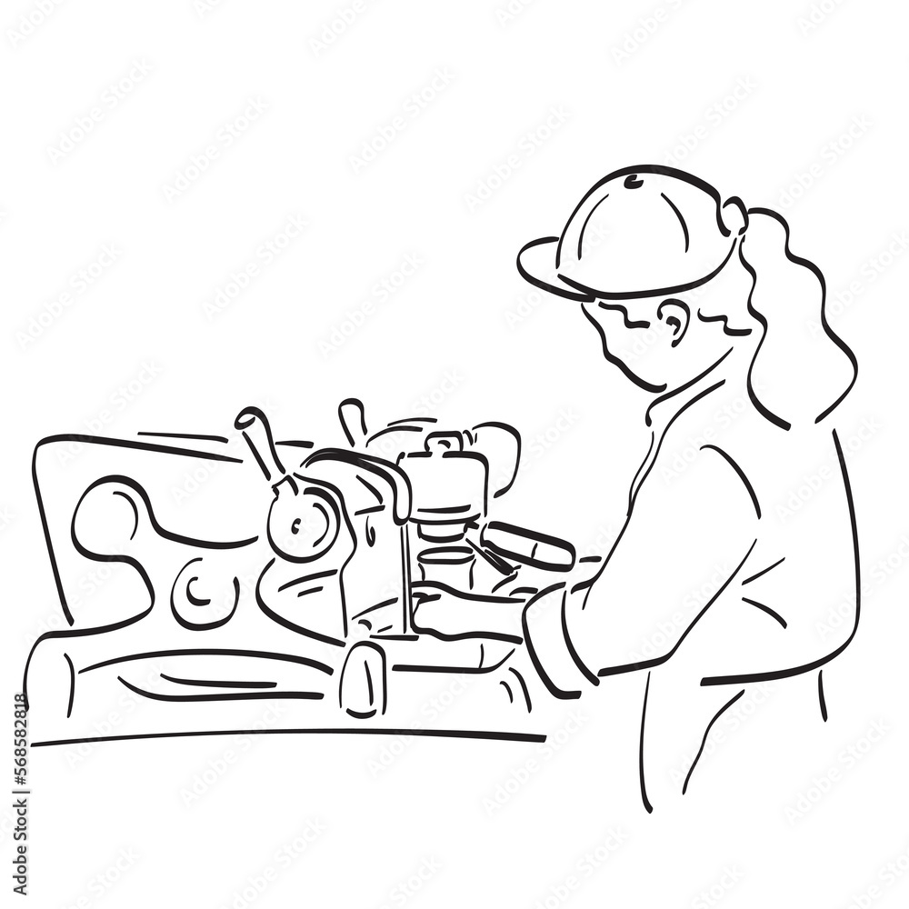 half length of female barista using machine to make coffee illustration vector hand drawn isolated on white background line art. half length of female barista using machine to make coffee illustration vector hand drawn isolated on white background line art.