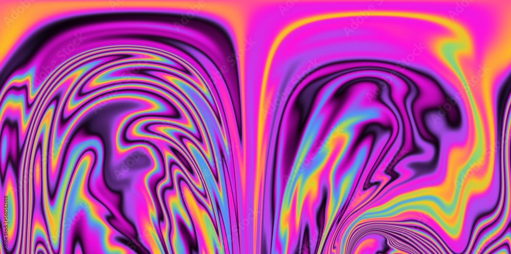 Obraz premium Op-art pattern with holographic gasoline like stains and leaks. Rainbow multicolored abstract background.