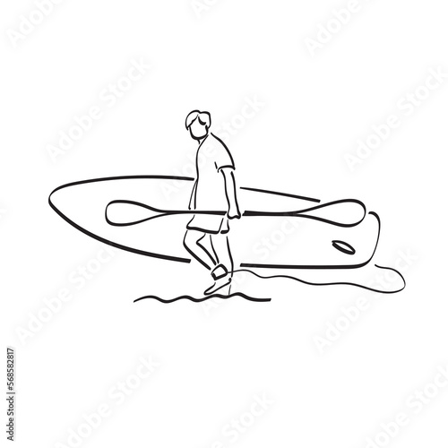man holding paddle board on beach illustration vector hand drawn isolated on white background line art.