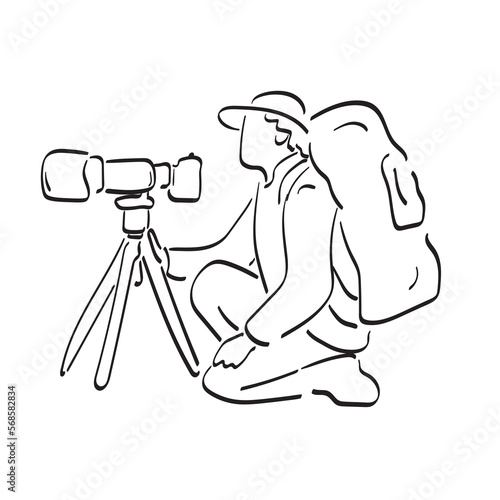 Professional travel photographer with camera big lens tripod illustration vector hand drawn isolated on white background line art.
