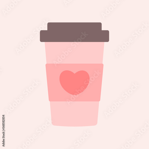Delicious coffee pink paper cup icon with a heart, line icon. Drink vector illustration design