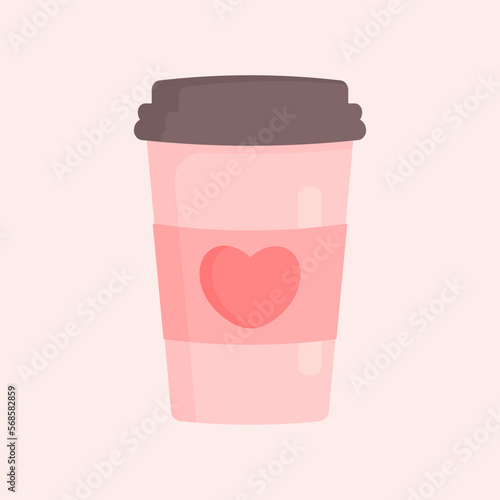Delicious coffee pink paper cup icon with a heart, line icon. Drink vector illustration design
