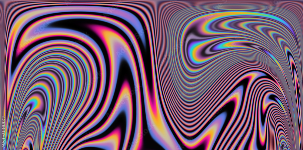 Fototapeta premium Op-art pattern with holographic gasoline like stains and leaks. Rainbow multicolored abstract background.