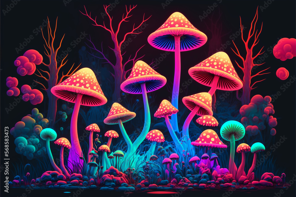 Giant, magical mushrooms flourish in an enchanted woodland illustration. Psychedelic neon colors poisonous mushroom on dark background. Generative AI.