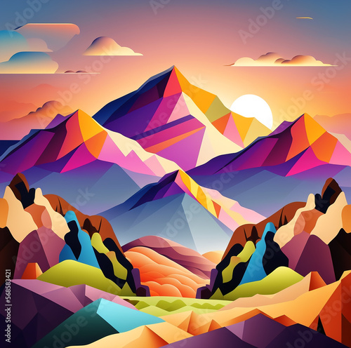 Abstract geometric mountain landscape illustration with fall forest and retro color pallete. Generative AI.