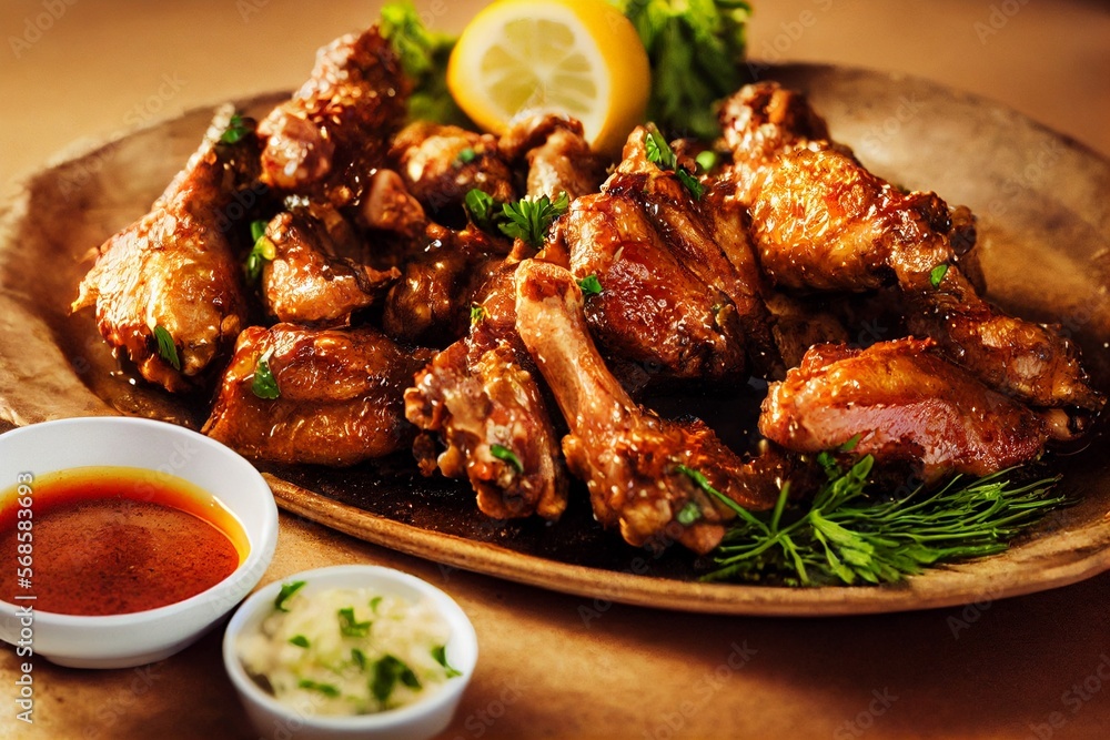Delicious tasty chicken wings grilled with sauces Generative AI Delicious tasty chicken wings grilled with sauces Generative AI