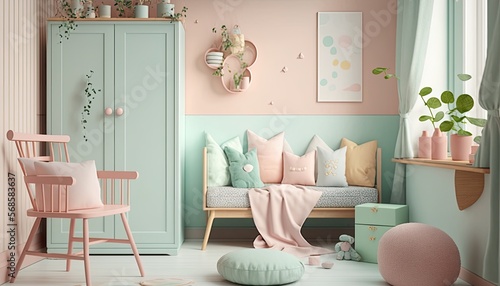 Bright and sunny nursery in soft pastel colors with natural wooden furniture and playful accents. The mood is cheerful and nurturing. generative ai