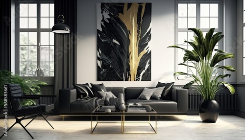 Wallpaper Mural Chic and stylish living room with sleek black furniture, abstract art and large windows. Chic, fashionable atmosphere with a touch of luxury. generative ai Torontodigital.ca