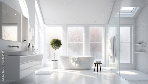 Fotografering Modern all-white bathroom with sleek design, freestanding tub and rain, shower head