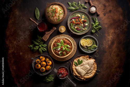 Illustration of various typical healthy and tasty Asian food dishes, studio lighting, viewed from above. Ai generated