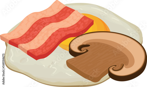 Breakfast food icon isometric vector. Fried egg, champignon slice and bacon slice. Food concept, protein product