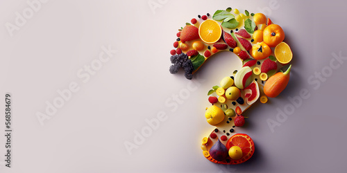Question mark made by vegetables and fruits; healthy food concepts. Made with Generative AI.