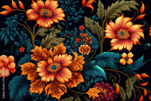 a continuous floral design. Beautiful floral pattern in vibrant colors for digital textile printing. Generative AI