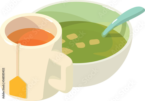 Dinner icon isometric vector. Spinach cream soup with crouton and cup of hot tea. Food concept, first dish