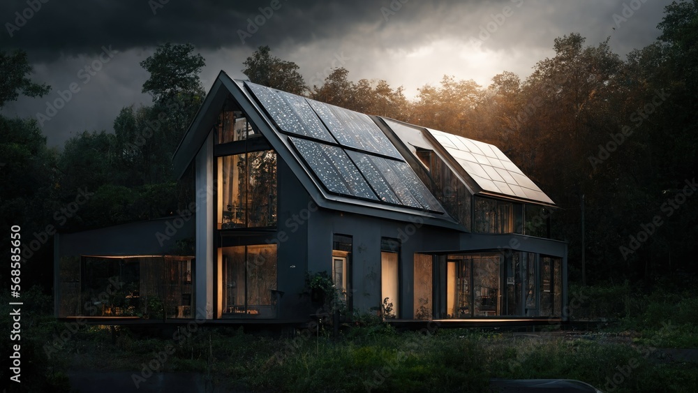 Beautiful modern house exterior design. With solar panels on the roof. Conceptual illustration. Generative AI. Beautiful modern house exterior design. With solar panels on the roof. Conceptual illustration. Generative AI.