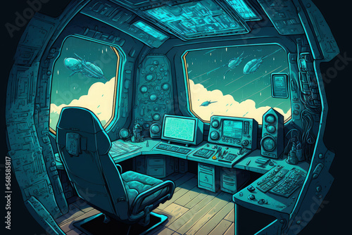 Interior of a grungy spaceship with a blue background. Generative AI