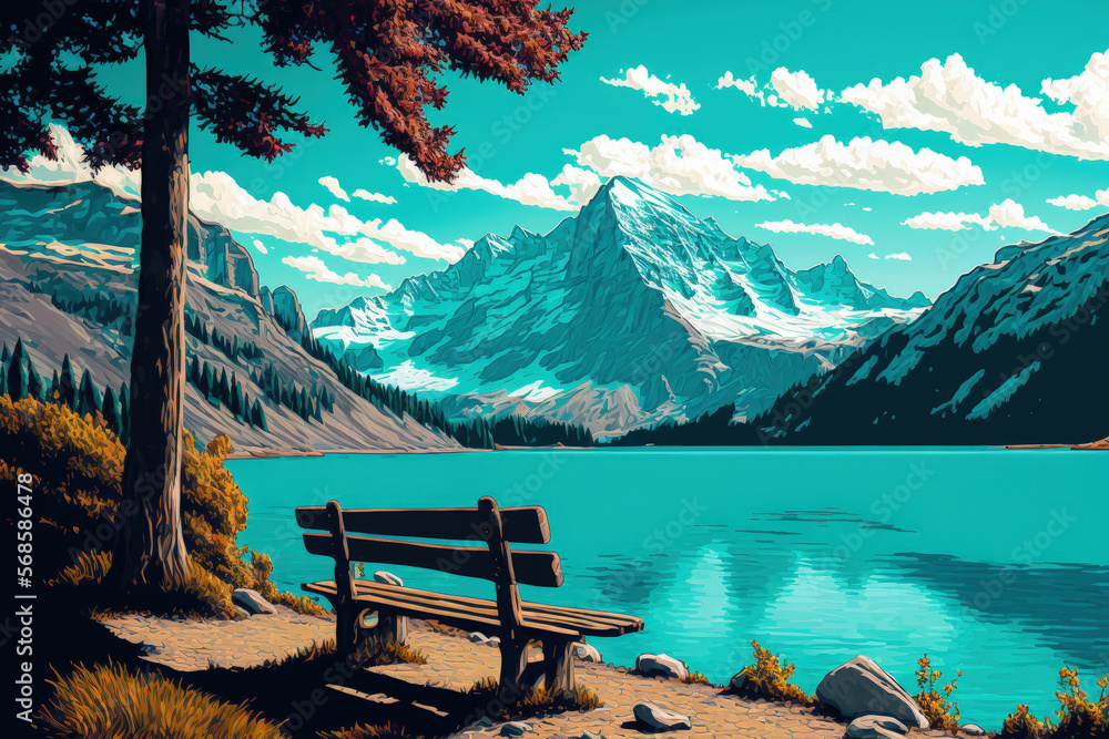 color turquoise and a bench Autumnal view of the Swiss Alps and the Oeschinensee lake in the Berner Oberland, Switzerland. Generative AI