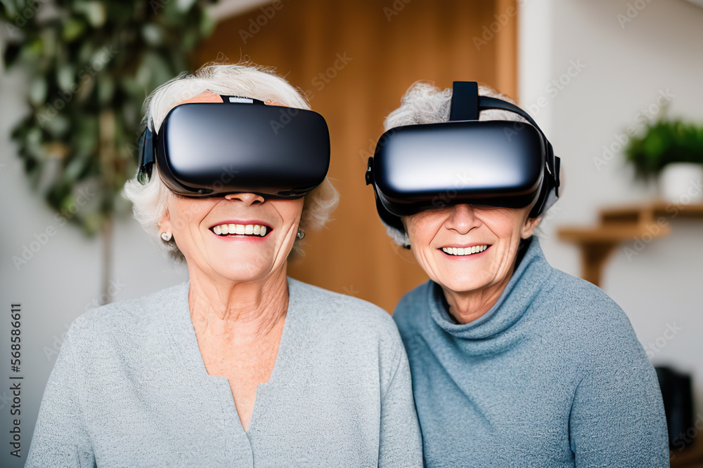 Elderly women using virtual reality headset in living room with family Elderly women using virtual reality headset in living room with family