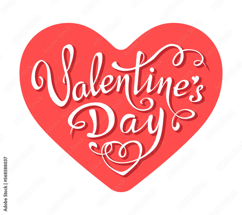Valentine's Day lettering with red heart. Hand written calligraphy text. Vector illustration in flat style for romantic greeting card, modern typography poster, banner, sticker. Valentine's Day lettering with red heart. Hand written calligraphy text. Vector illustration in flat style for romantic greeting card, modern typography poster, banner, sticker.