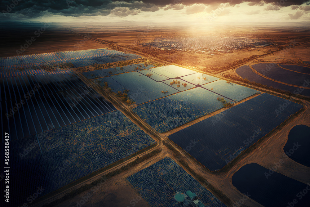 Aerial image of an industrial landscape with a solar farm generating clean, sustainable solar energy. Generative AI