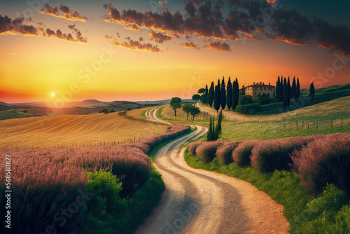 Wonderfully beautiful Tuscan sunset scenery in the summer. Stunning flower filled grain fields and a meandering country road lined with cypress trees at dusk, Italy, Europe, Tuscany, Asciano photo