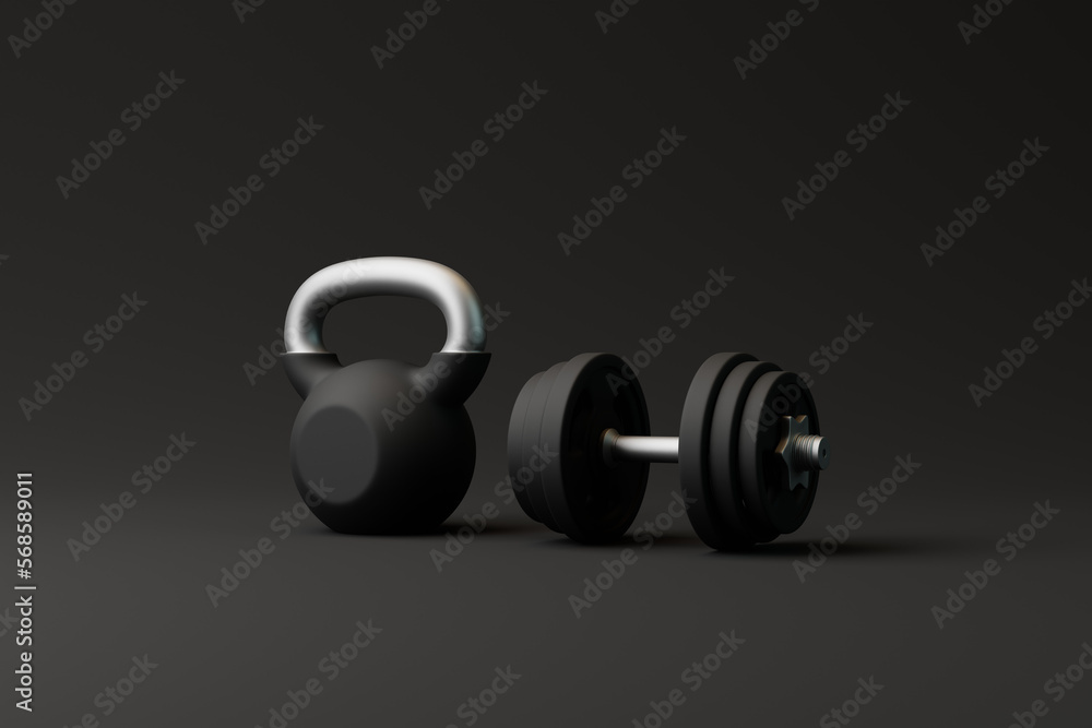 Kettlebell and Dumbbell on a dark background. Gym time. 3d rendering illustration Kettlebell and Dumbbell on a dark background. Gym time. 3d rendering illustration