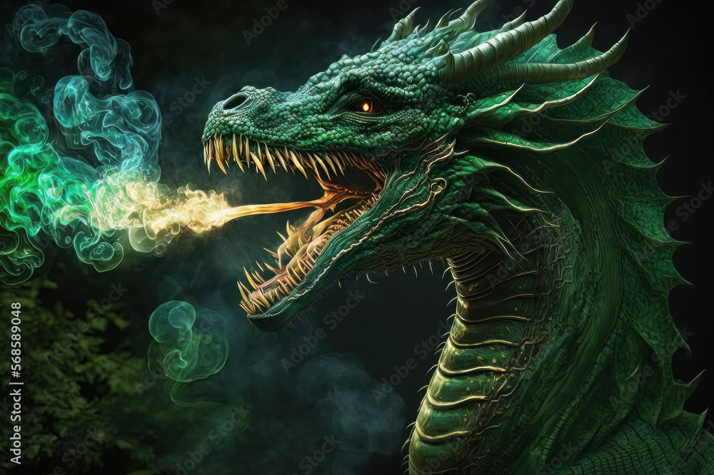 Green dragon breathing fire on a black background isolated on a white background. Mythological creature.
