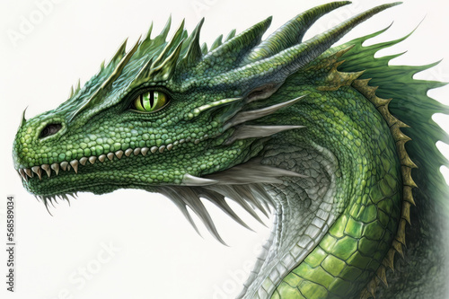 Green dragon breathing fire on a black background isolated on a white background. Mythological creature.