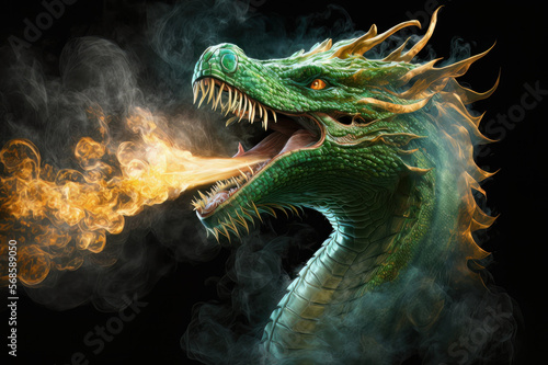 Green dragon breathing fire on a black background isolated on a white background. Mythological creature.