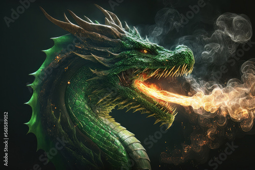 Green dragon breathing fire on a black background isolated on a white background. Mythological creature. © Mike Schiano
