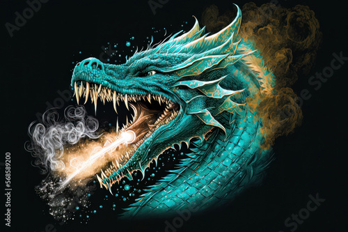 Teal & Orange Dragon breathing fire on a dark background. Mythological creature © Mike Schiano