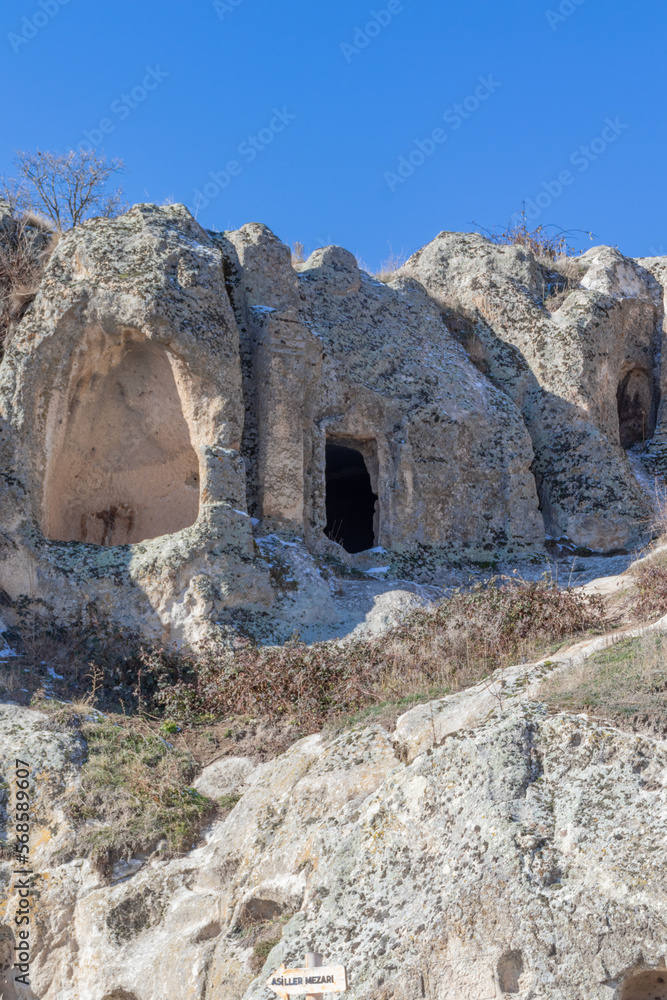 Phrygian Valley (Frig Vadisi). Ancient caves, stone houses and rock tombs in Ayazini. Thousands of years old rock tombs. Ayazini cave church and National Park in Afyon, Turkey.