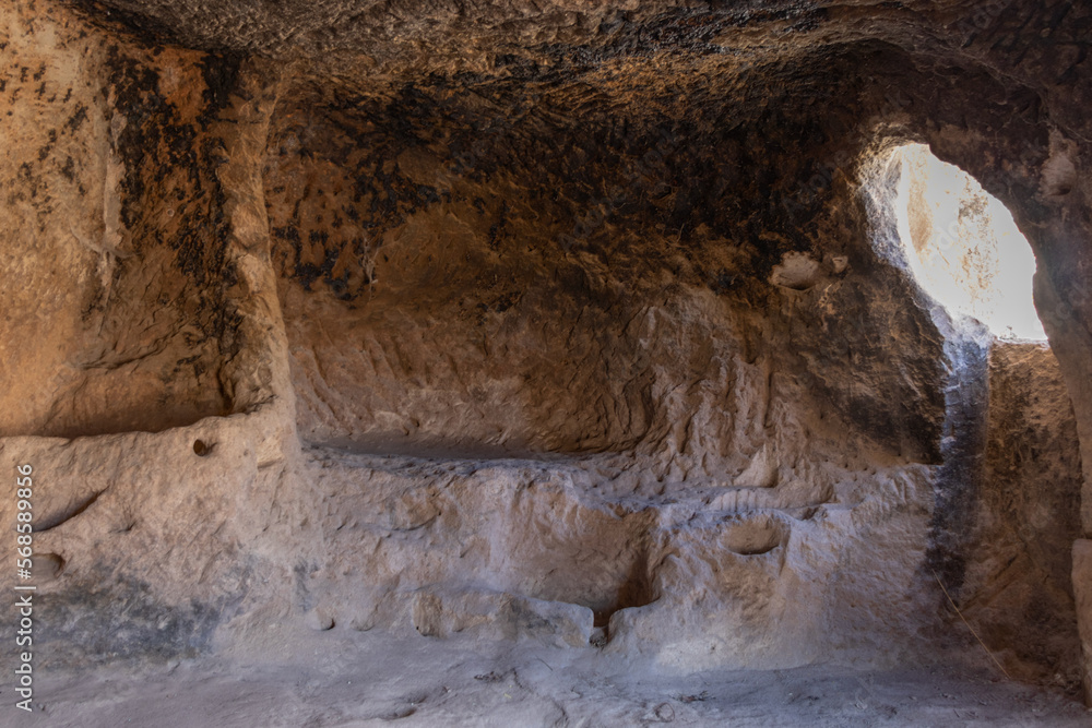 Naklejka premium Phrygian Valley (Frig Vadisi). Ancient caves, stone houses and rock tombs in Ayazini. Thousands of years old rock tombs. Ayazini cave church and National Park in Afyon, Turkey.