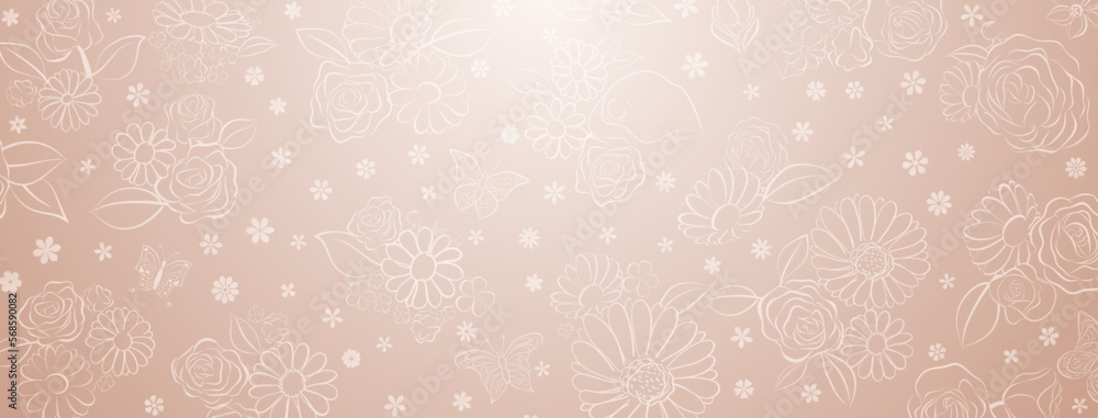 Spring background in beige colors made of various flowers and butterflies Spring background in beige colors made of various flowers and butterflies