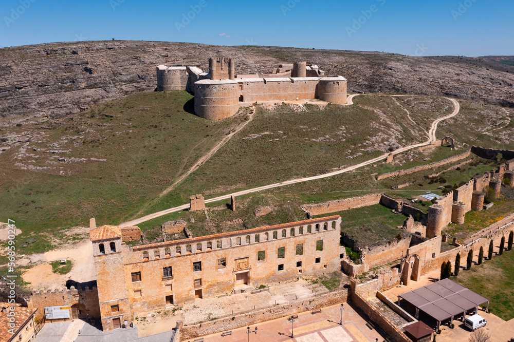 Bird's eye view of town and castle of Berlanga de Duero in province of Soria, Spain.