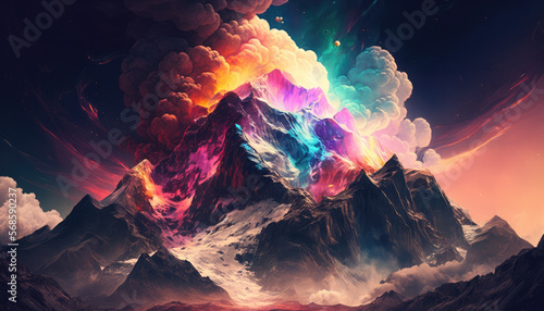 Space landscapes on another planet with mountains and brightly colored clouds and nebula, high mountain peak, Generative AI