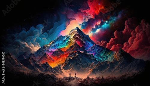 Space landscapes on another planet with mountains and brightly colored clouds and nebula, 2 explorers standing in the foreground, Generative AI
