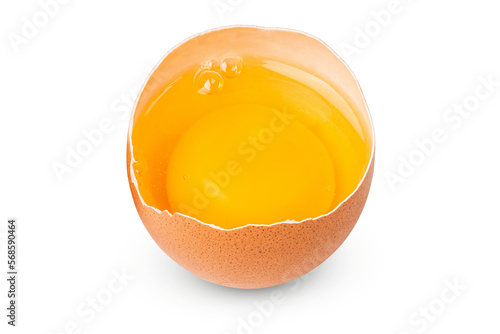 Egg. Brown eggs. Half an egg with yellow yolk. Organic raw non boiled chicken eggs. Brown eggshell. Farm bird product. Good for breakfast, cooking recipe. Food photography. White isolated background.