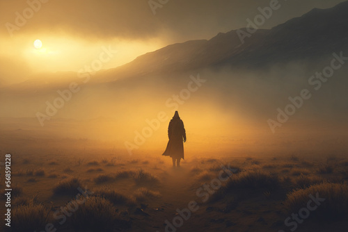 Warrior in armor walking the path, golden hour, morning fog