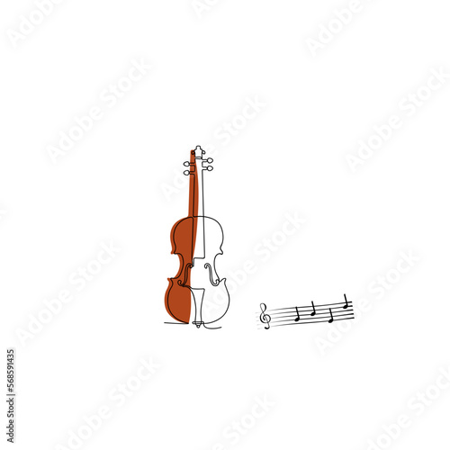 Cello and notes on the white background continuous one line art.