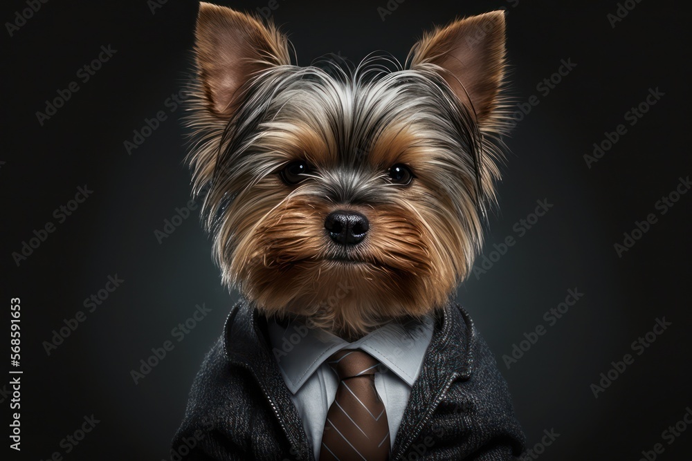 Portrait of a Yorkshire Terrier dog dressed in a formal business suit, generative ai