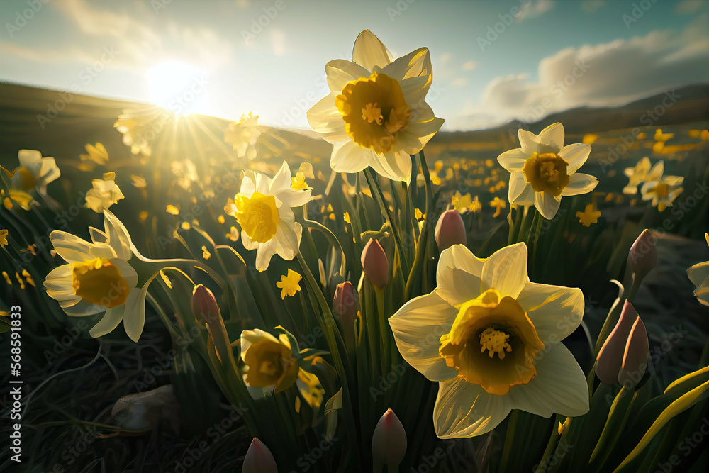 A wide angle shot of a field of yellow daffodils swaying in the wind ...
