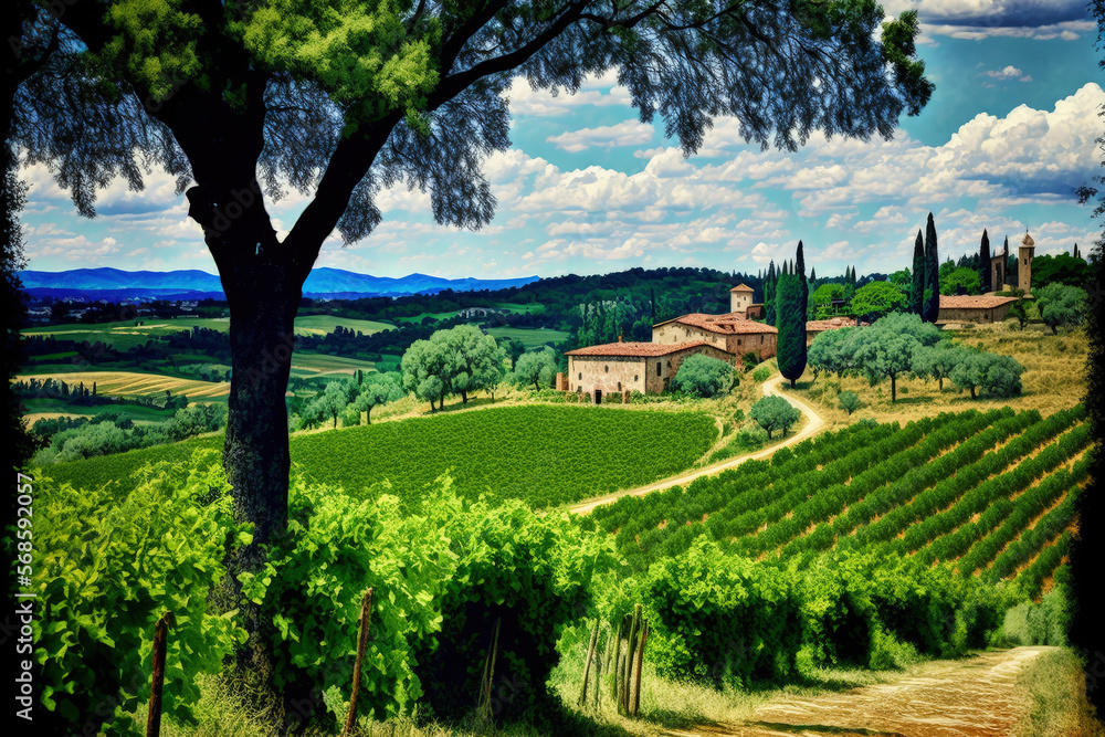 A view of the Tuscan countryside, namely the Chianti area. Italy. Generative AI