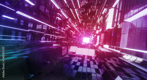 Mission critical. Futuristic sci-fi style corridor or shaft background with exit or goal ahead. Abstract cyber or digital escape way concept. 3D illustration, 3D rendering.