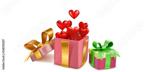 Valentine's Day illustration with colored gift boxes tied with ribbons with a bows, and a lot of red hearts flying out of open box, on white background