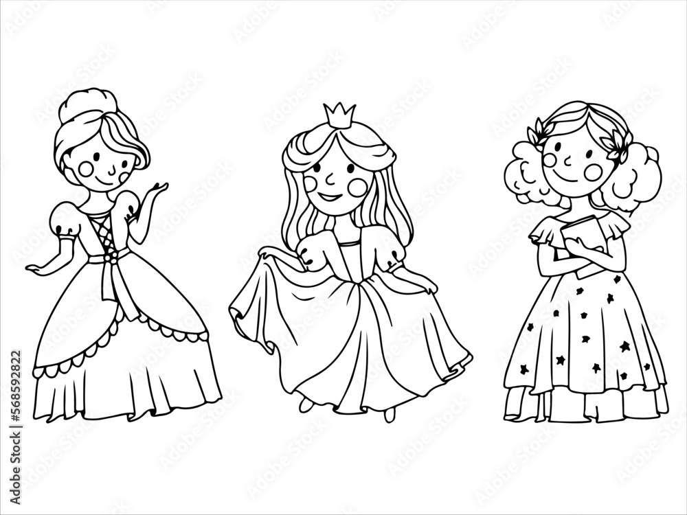 Cute princess in a ball gown. Coloring book A girl in a magical costume. Middle Ages. Vector illustration isolated on white background. Cute princess in a ball gown. Coloring book A girl in a magical costume. Middle Ages. Vector illustration isolated on white background.