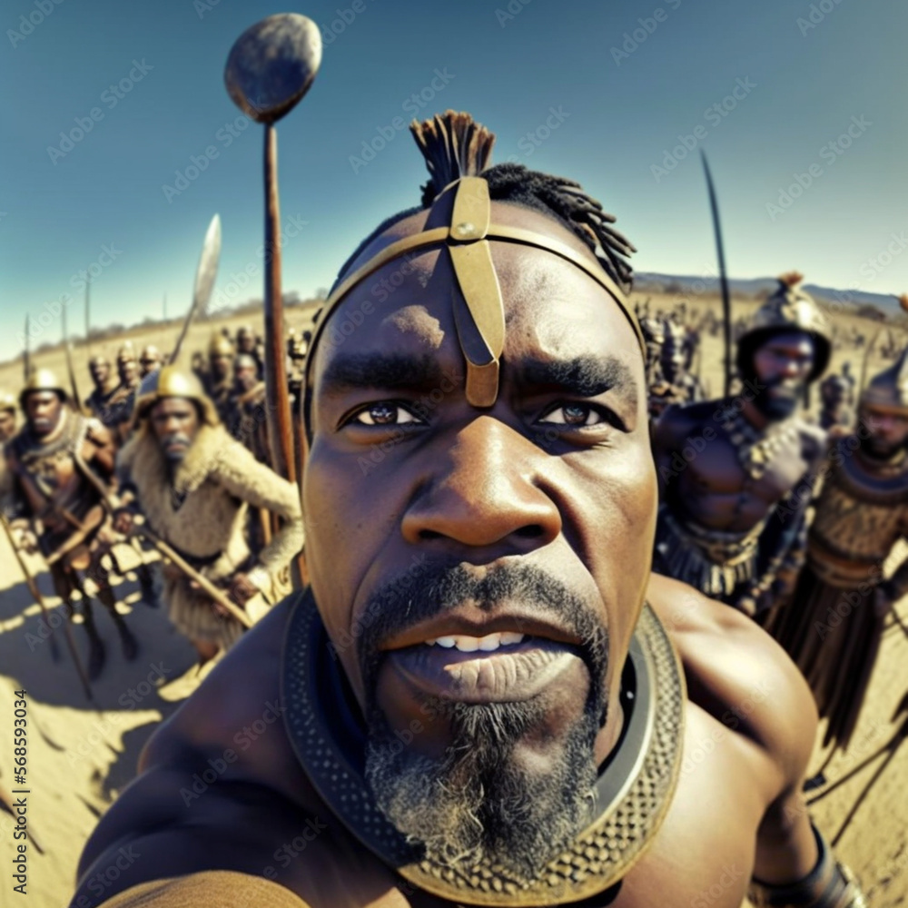 Korean zulu warrior takes selfie at war, ancient warrior takes photo with friends Generative AI