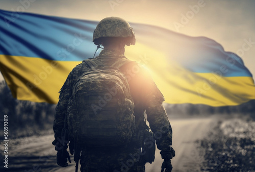 Vertical shot of brave Ukrainian soldier at war, Ukrainian soldier with flag, remember the war Generative AI