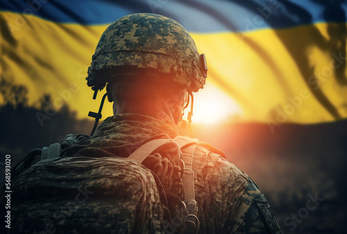 Vertical shot of brave Ukrainian soldier at war, Ukrainian soldier with flag, remember the war Generative AI