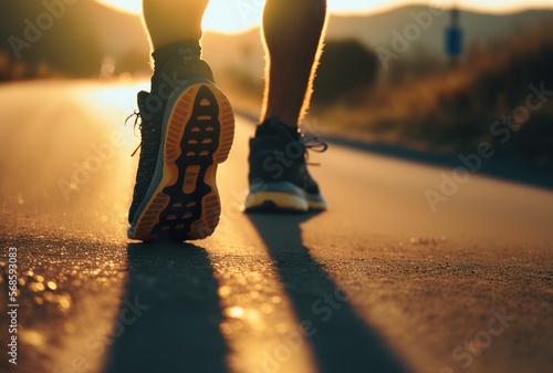 Sportschuhe beim Laufen in Nahaufnahme auf der Straße im Sonnenuntergang. Draußen Joggen als Workout nach dem Feierabend. Laufsport Illustration